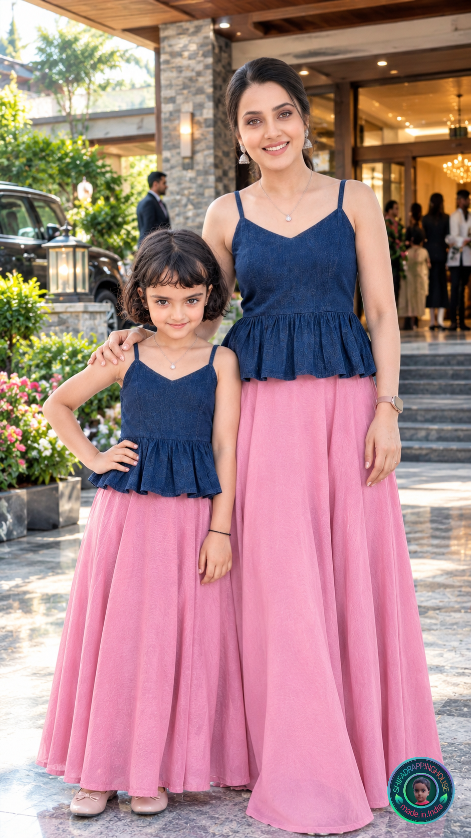 Premium Navy Blue Denim Peplum Cami-Top with Adjustable Straps & Princess Cut - Mom & Daughter Matching