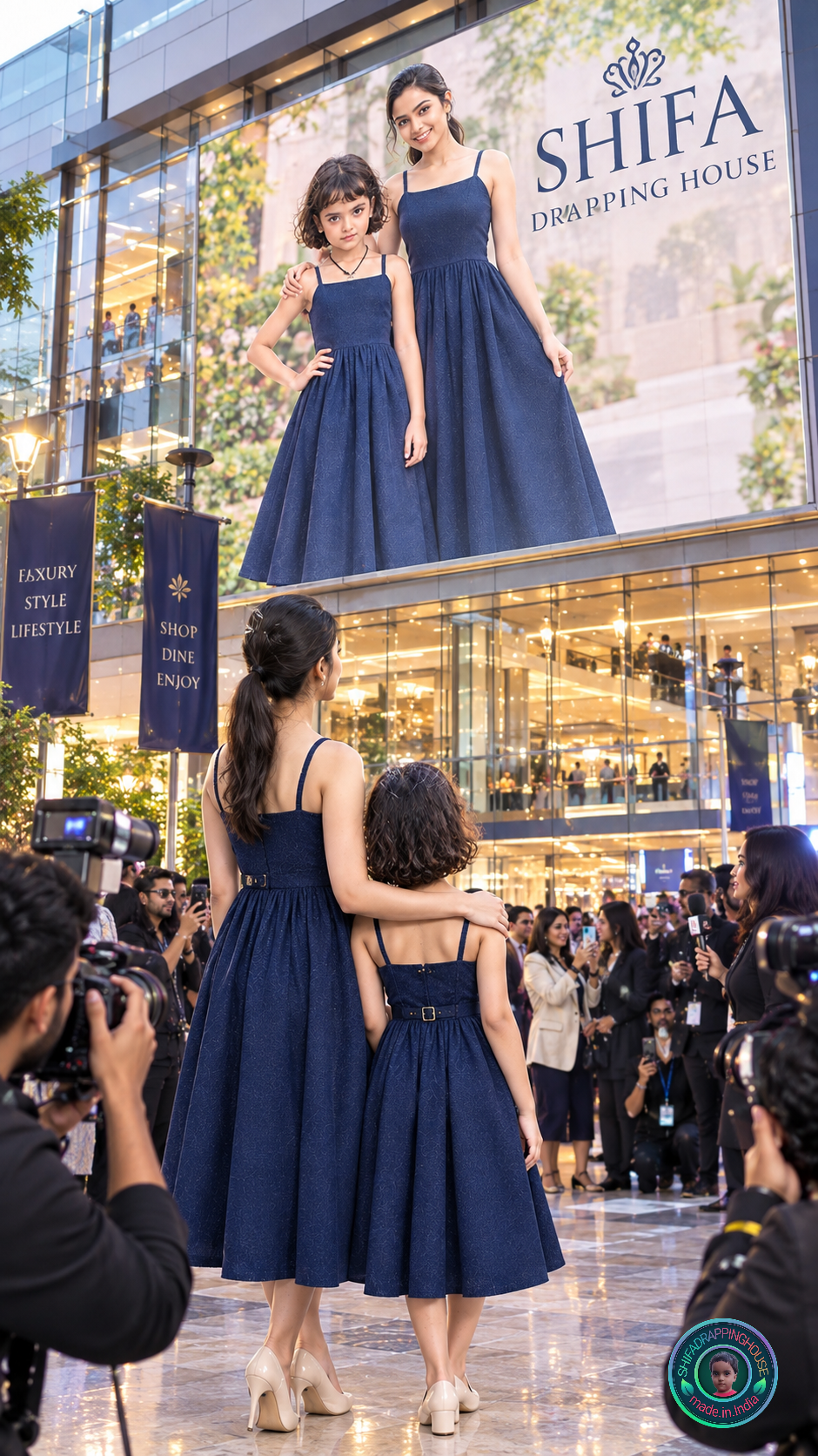 Trendy Navy Blue Denim Midi Dress with Shoulder Straps & Utility Pockets