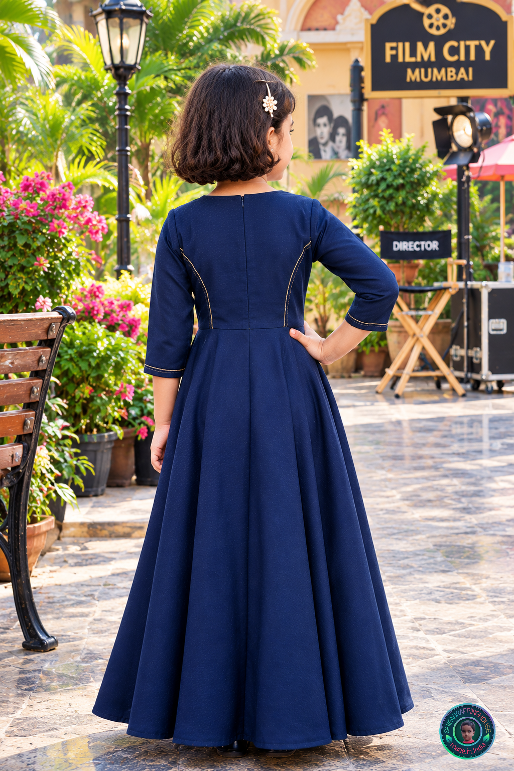 Indo-Western Denim Long Gown with Golden Stitching Details - Mom & Daughter Matching