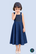 ShifaDrappinghouse Kids & Women: Elegant Indigo Denim Smoked Midi Dress – Royal Fit & Flare Sleeveless Summer Dress