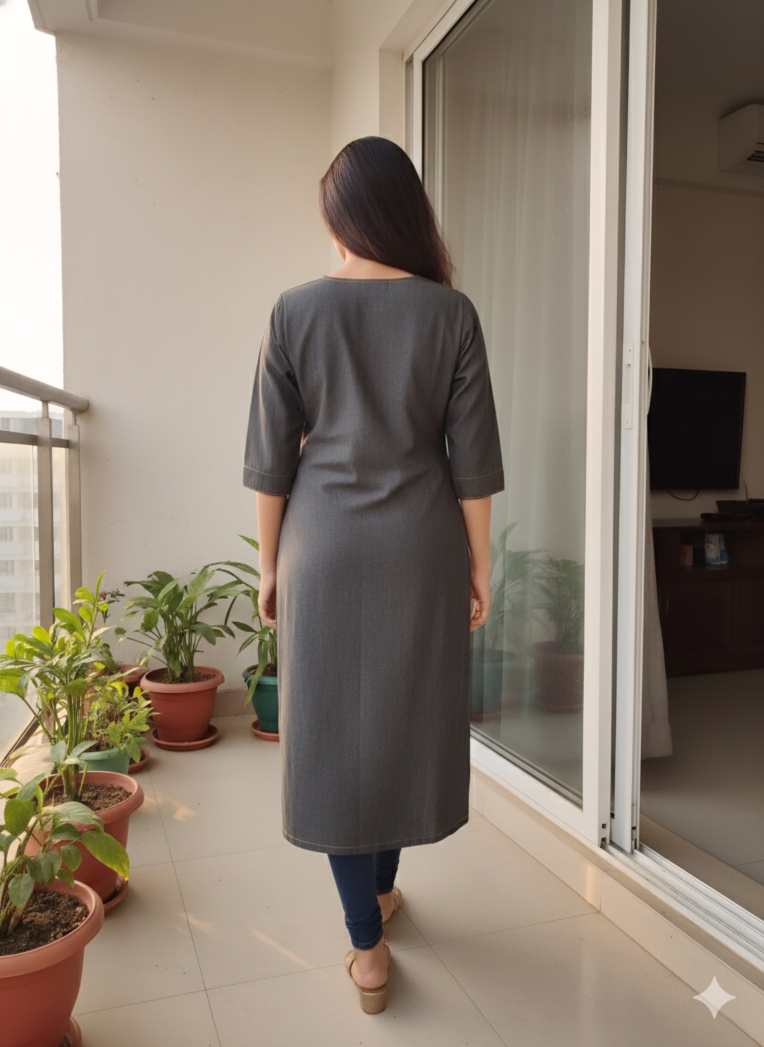 Designer black grey Denim Kurti with Contrast Stitching and Side Slits
