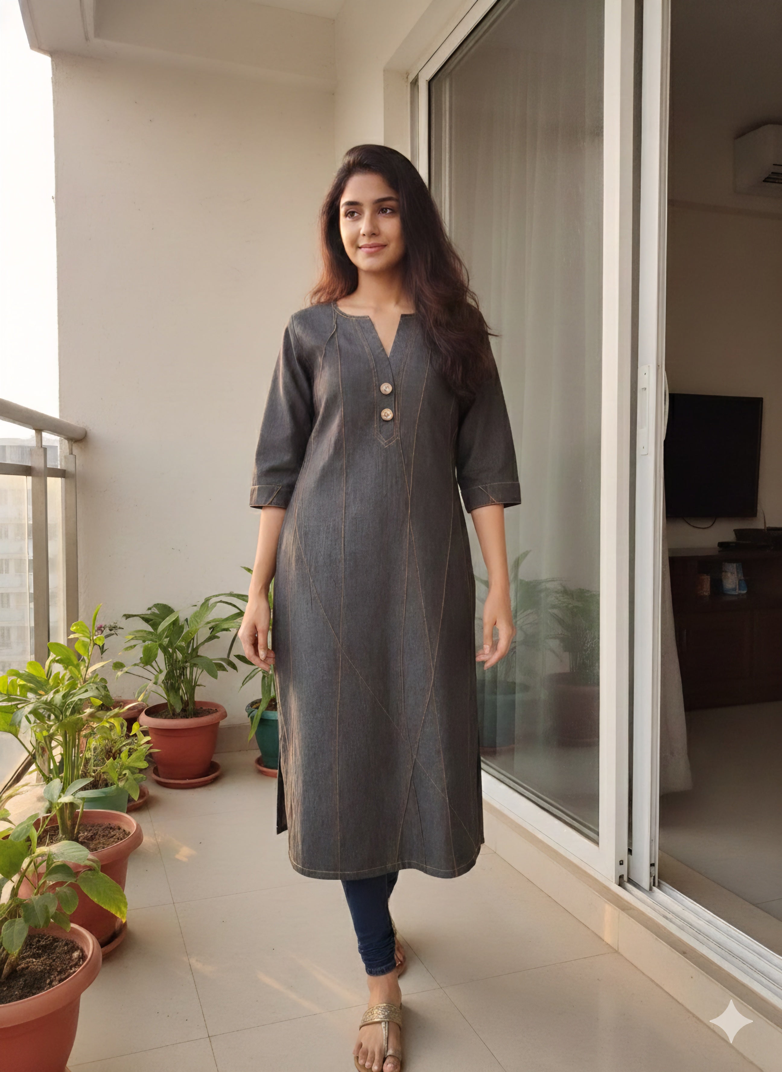 Designer black grey Denim Kurti with Contrast Stitching and Side Slits