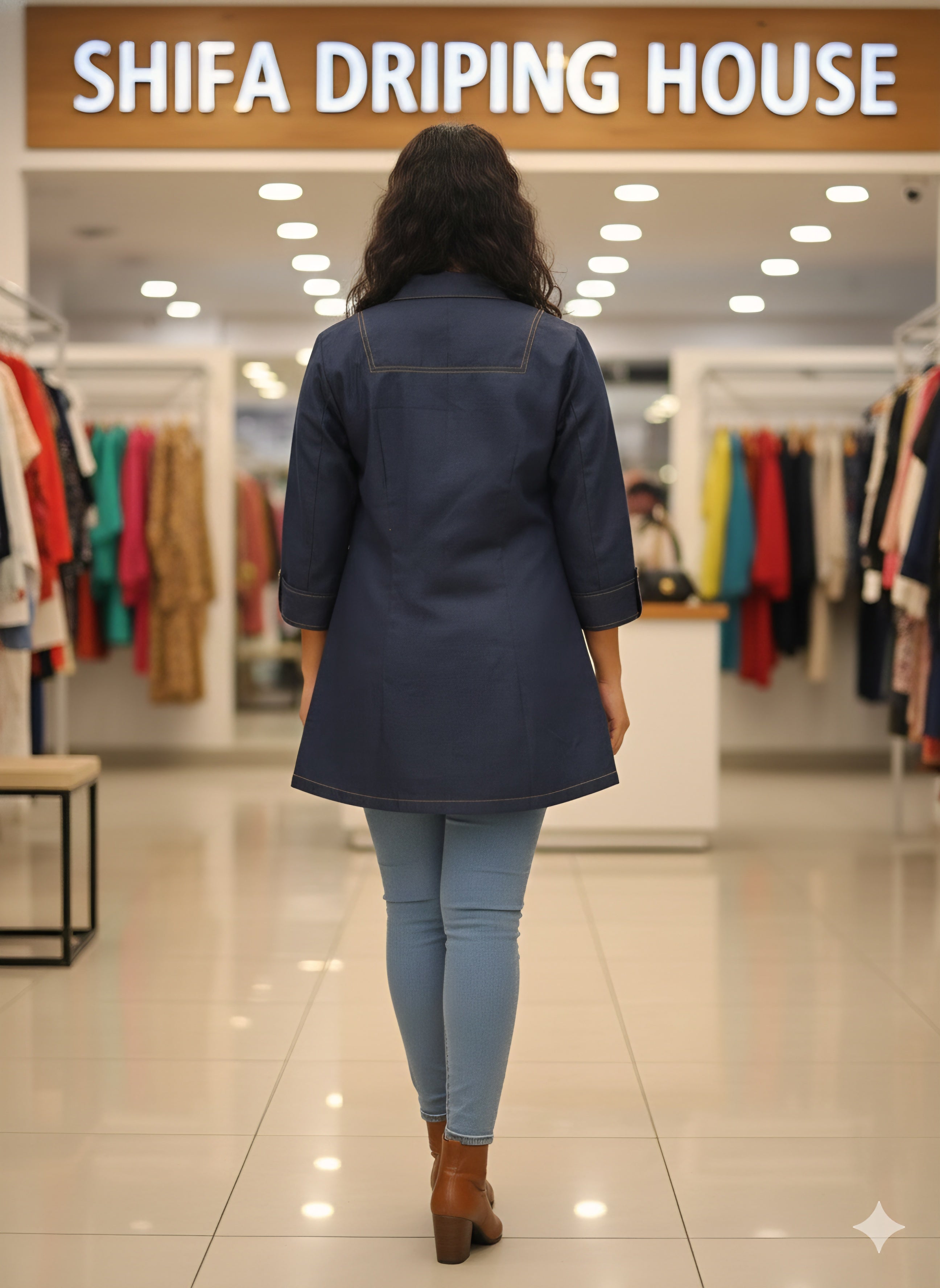 Women's Premium Navy Blue Denim Blazer-Style Jacket