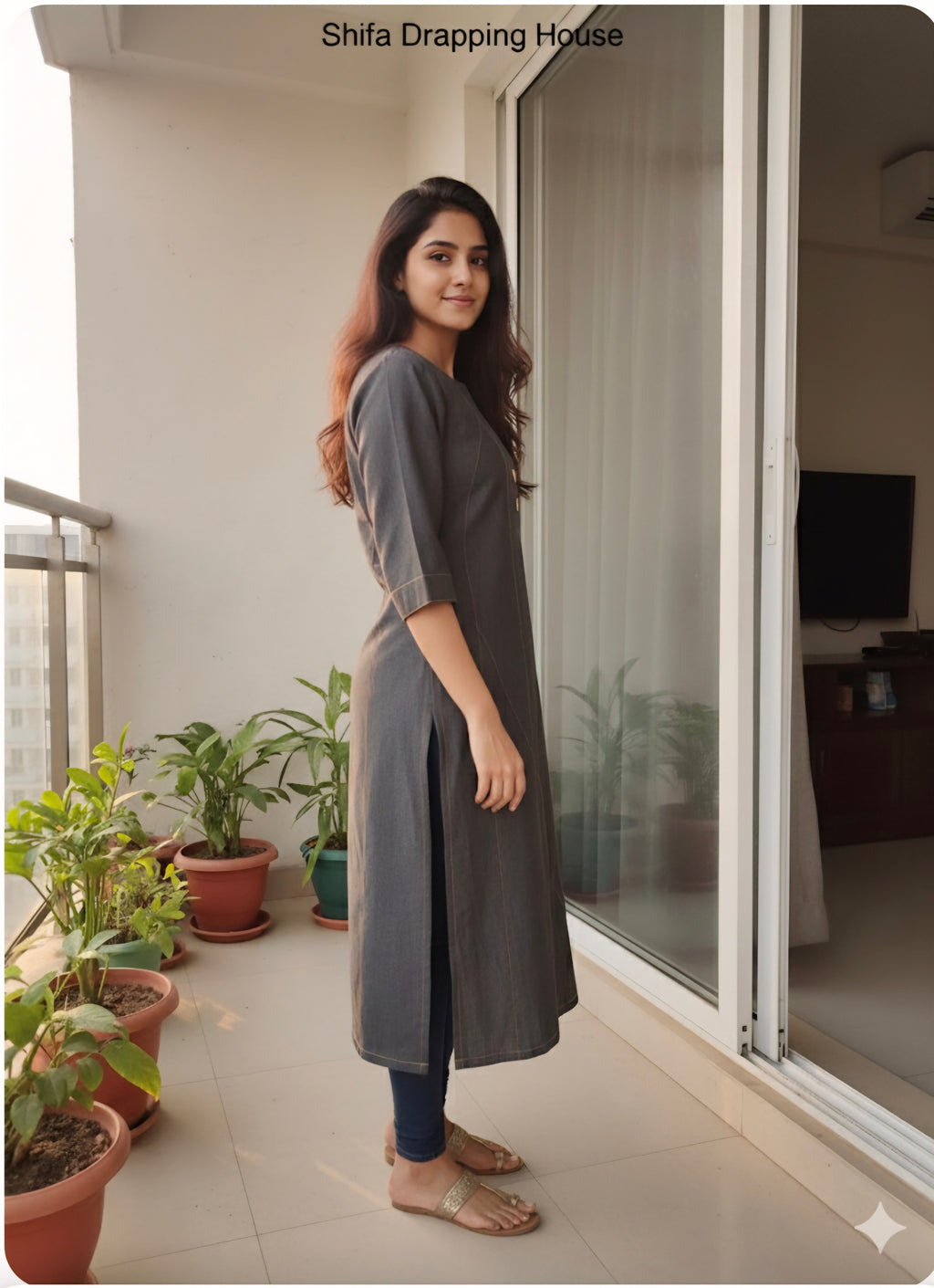 Designer black grey Denim Kurti with Contrast Stitching and Side Slits