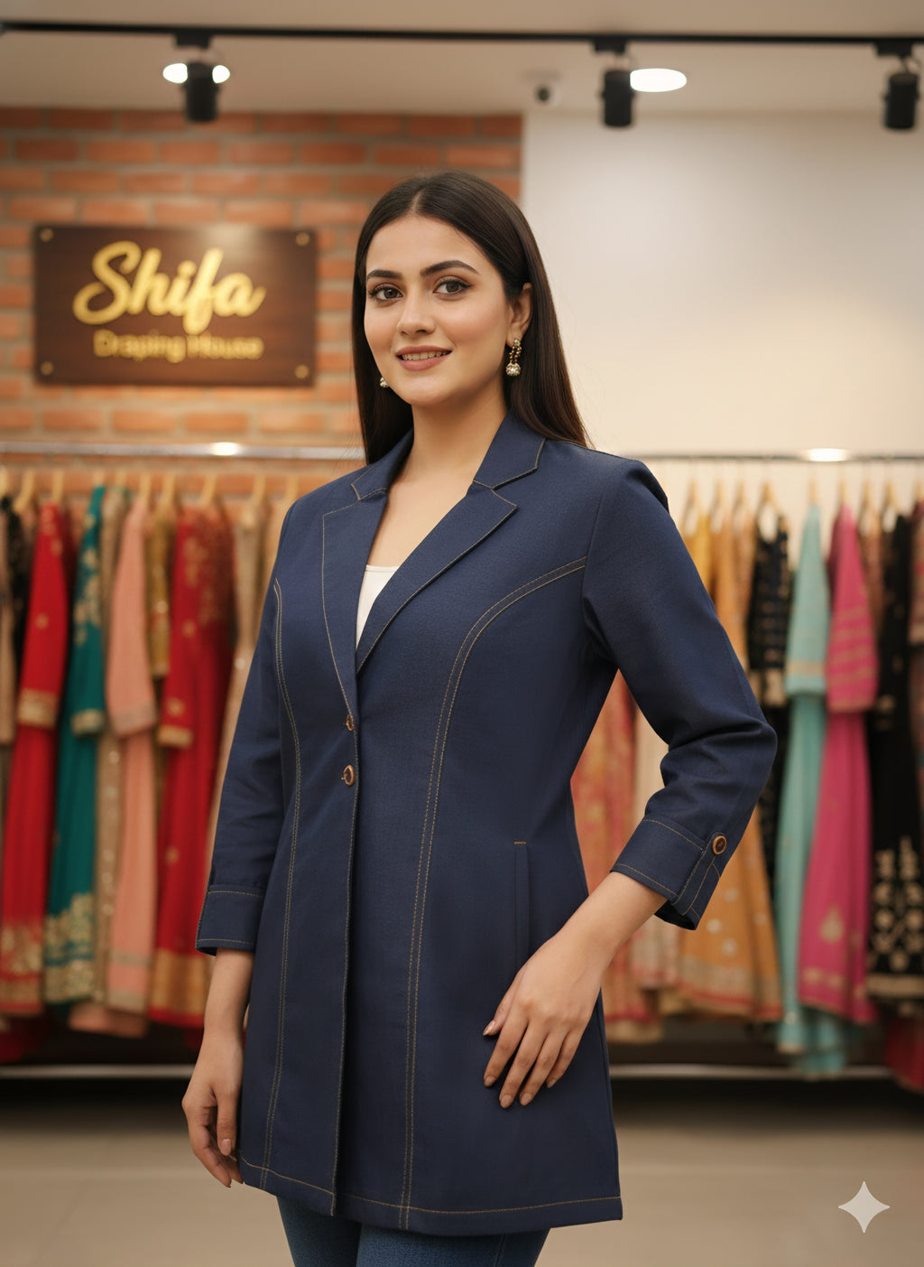 Women's Premium Navy Blue Denim Blazer-Style Jacket